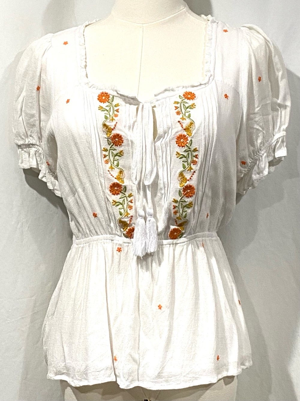 In Bloom White Peasant Blouse with Orange, Mustard, & Green Embroidery NWOT S